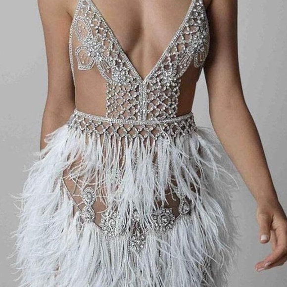 Short Feather Cocktail Backless Spaghetti Crystal Beads Mini Evening Gown - Picture 11 of 14